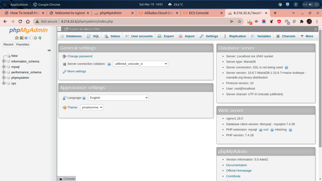 phpMyAdmin Version 5.0.4deb2 (Debian 11 "bullseye" running Alibaba ECS) phpMyAdmin Version 5.0.4deb2 (Debian 11 "bullseye" running Alibaba ECS)