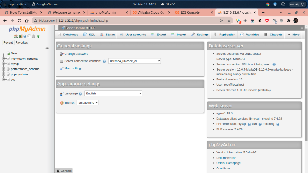 phpMyAdmin Version 5.0.4deb2 (Debian 11 "bullseye" running Alibaba ECS)