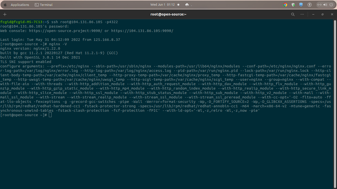 nginx/1.22.0 - built by gcc 11.2.1 20220127 (Red Hat 11.2.1-9) (GCC) nginx/1.22.0 - built by gcc 11.2.1 20220127 (Red Hat 11.2.1-9) (GCC)