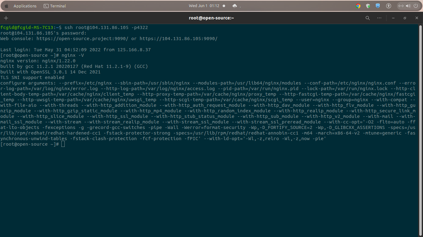nginx/1.22.0 - built by gcc 11.2.1 20220127 (Red Hat 11.2.1-9) (GCC) 