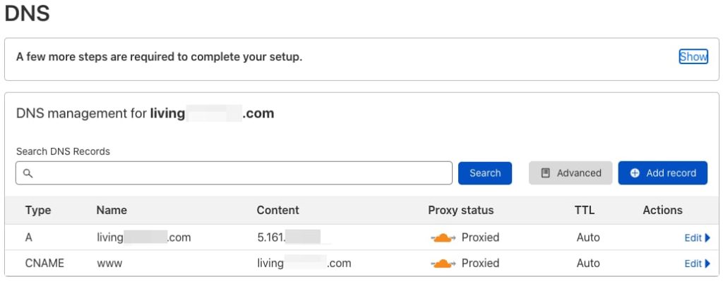 Cloudflare's DNS settings page.