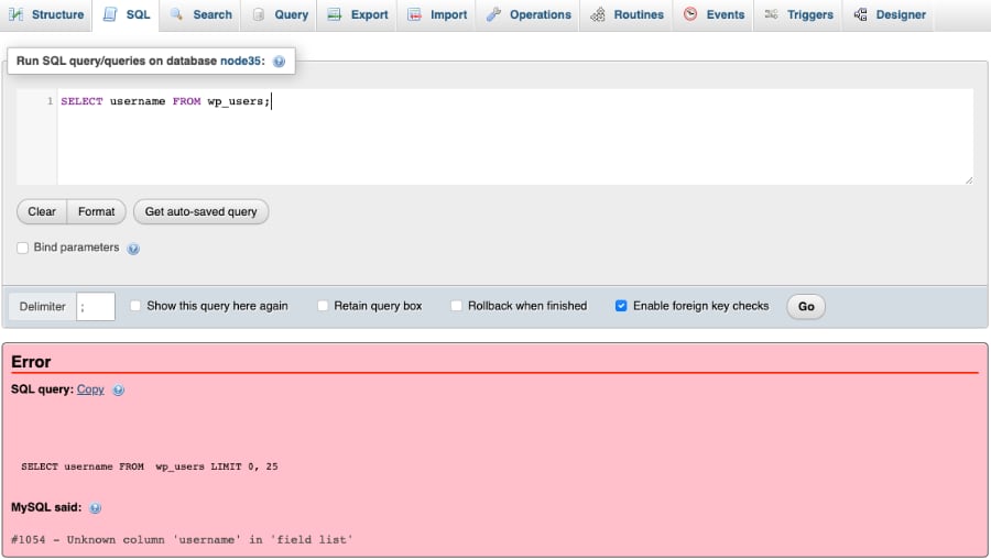 Error Code 1054 in MySQL database when a column was not found.